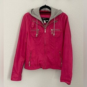 Pink and Gray Faux Leather Jacket with Sporty Hood